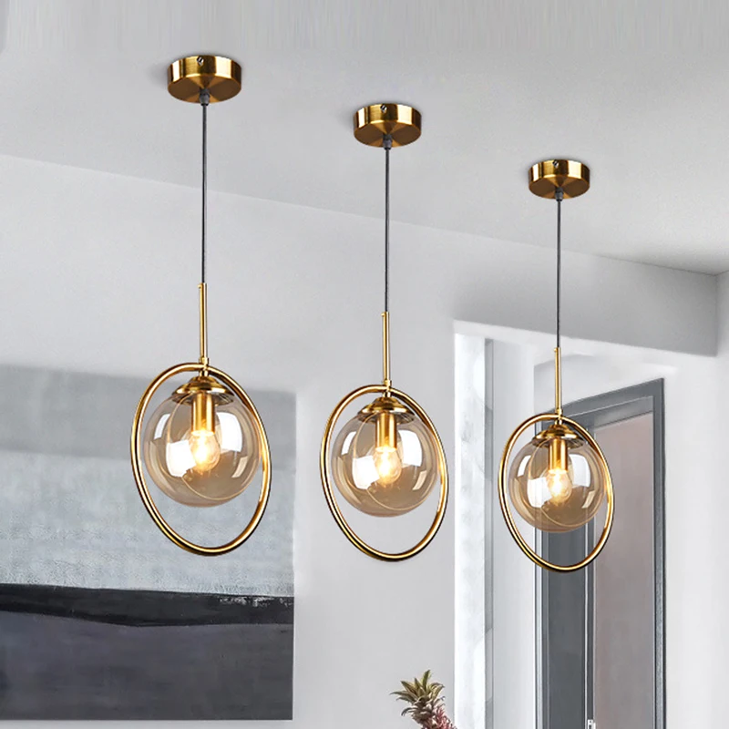 

Nordic restaurant single head metal ring pendant lights modern living room bedroom bedside glass ball hanging lamp