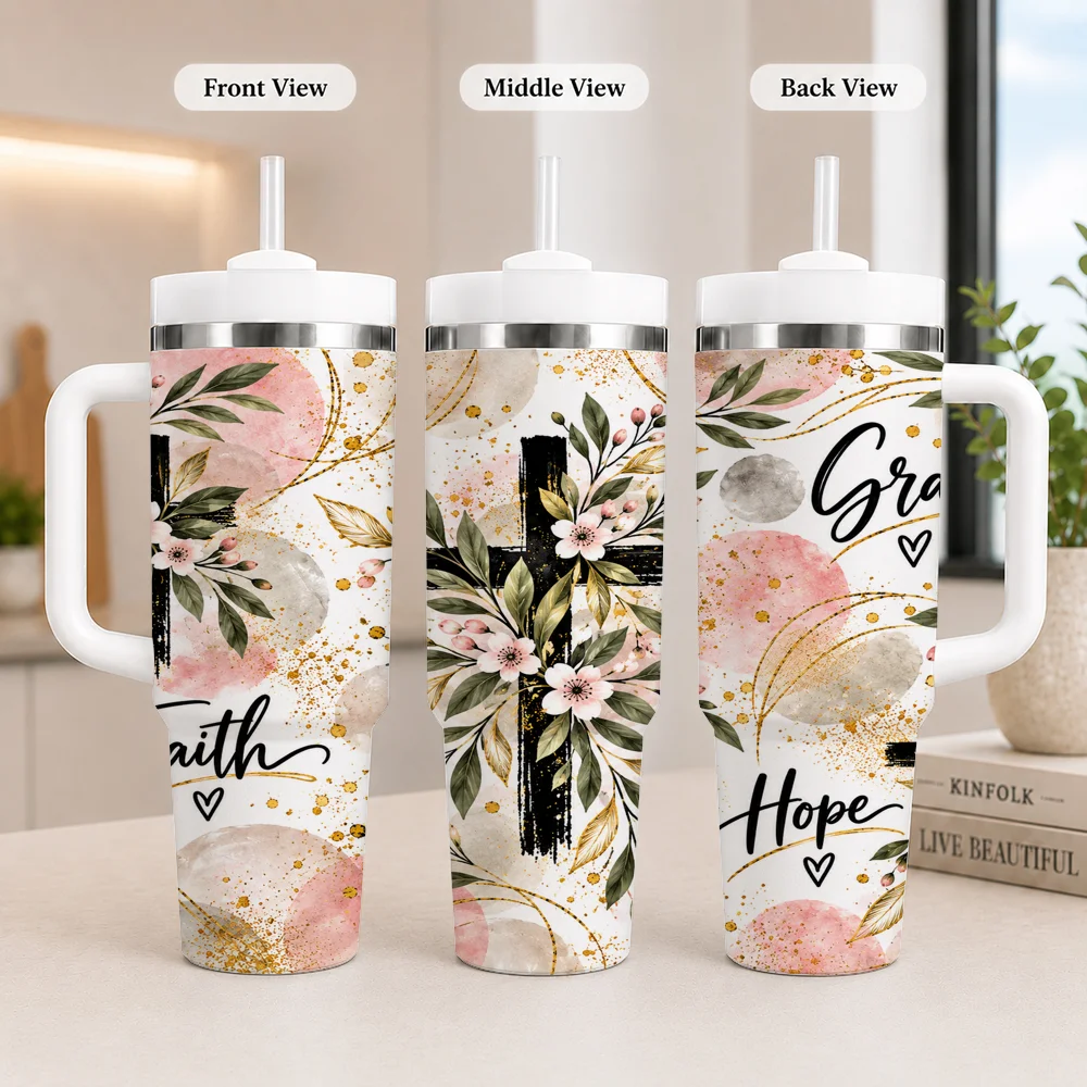 Cross Faith Gift Buyers Vacuum Flasks 40oz Leakproof Steel Tumbler w/ Lid Straw Handle Hot Cold Drinks