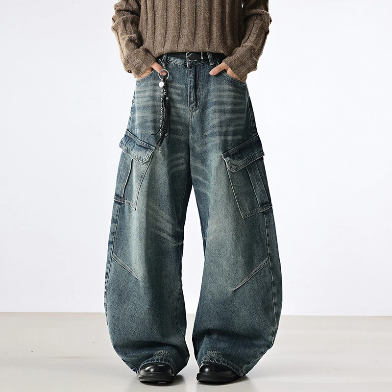 

2026 весенние новые простые мужские джинсы с боковым карманом, однотонные универсальные мужские джинсовые брюки в американском стиле с широкими штанинами