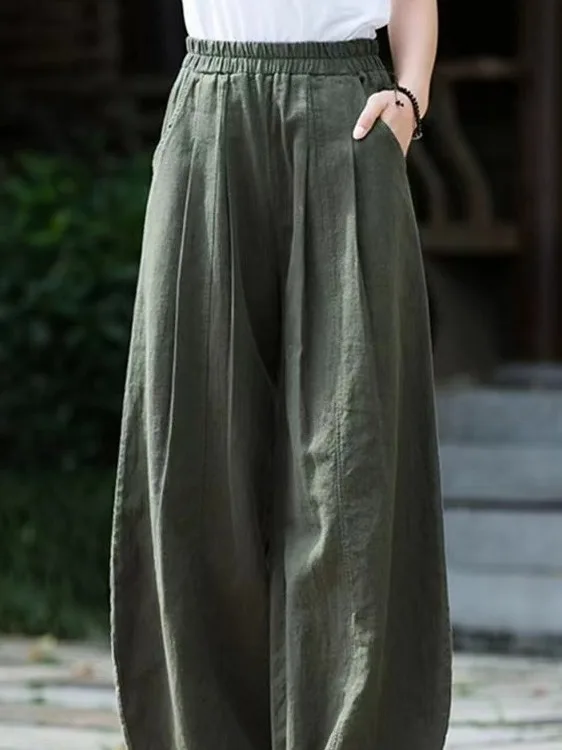 

Ретро-брюки из хлопка и льна с плиссировкой, в китайском стиле, широкие, свободного кроя, удобные, дышащие, женские, для отдыха