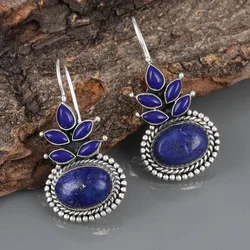 Ethnic Round Lapis Lazuli Earring Vintage Jewelry Metal Silver Color Carving Water Droplets Blue Stone Dangle Earrings for Women