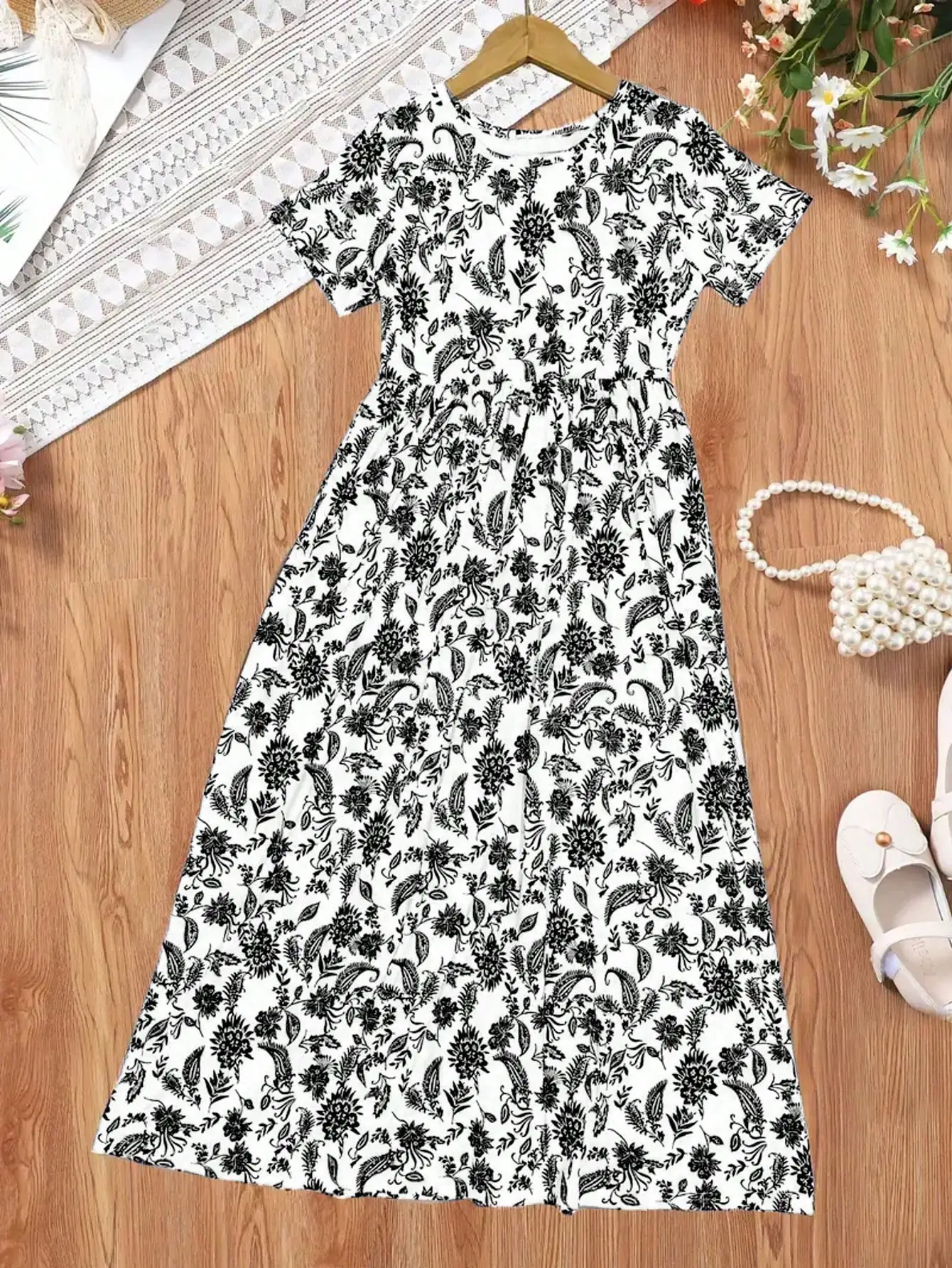 Mädchenkleid im Bohemian-Stil mit Paisley-Muster, Kurzarm, Mittellang, Lässiges Sommerkleid, Urlaubsgeschenk 2026 – Detail 9