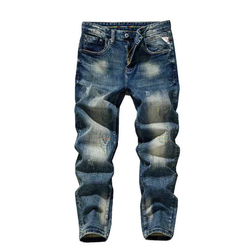

Autumn jeans for men, slim fit, straight legged, casual, retro, distressed, washed, street style, cool denim pants
