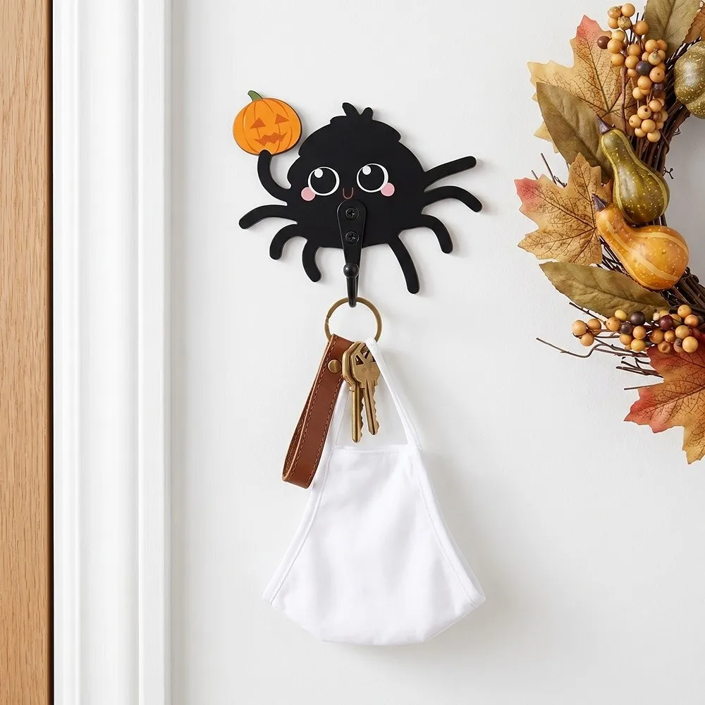 Creative Wooden Halloween Cartoon Spider Hook Cute No-Drill Keys Holder Wall Mounted Gothic Style Door Hooks Home Decor
