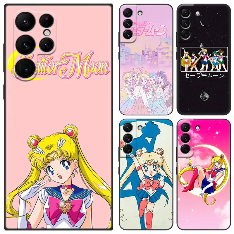 Anime Sailor Moon Black Phone Case For Samsung Galaxy S23 Ultra S22 S21 Plus S20 FE A13 A14 A23 A24 A25 A33 A34 A52S A53 A54 5G