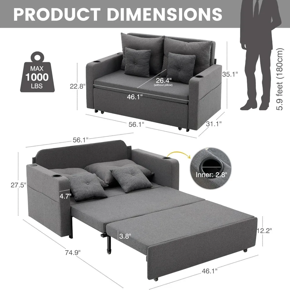 3 in 1 Sofa Bed, 56 Inch Convertible Pull Out Couch, Loveseat Sleeper Sofa with Cup Holders, USB, Sofa Couches