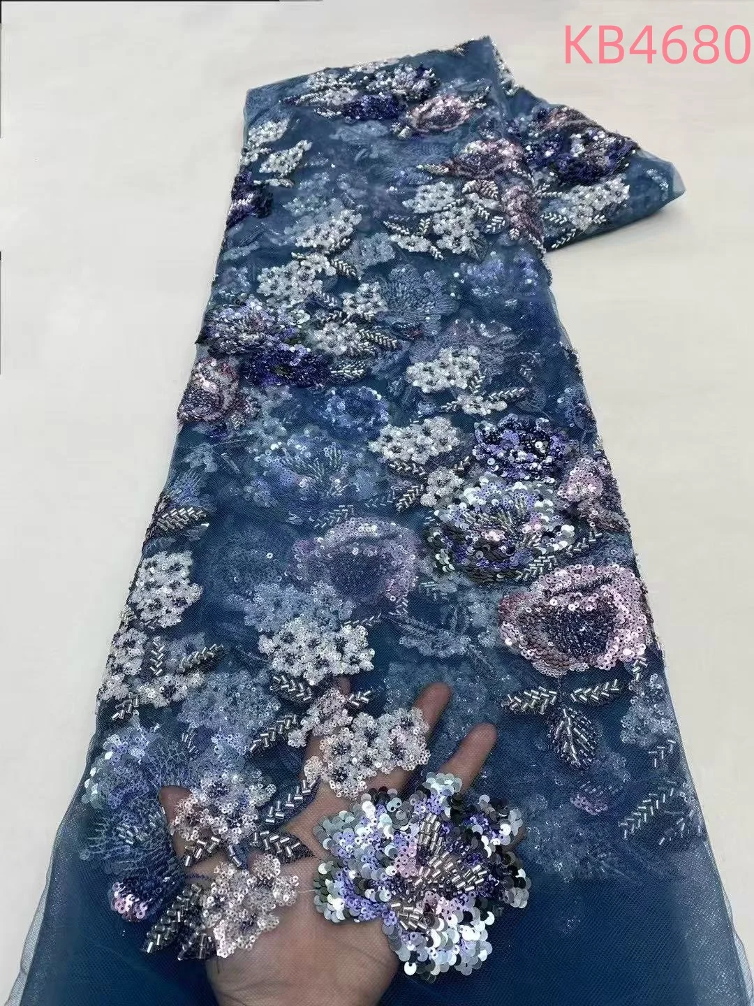 スパンコールチュールレースアフリカレース生地5ヤード高品質2025スカイブルービーズ付きフランスメッシュ、縫製用キラキラ装飾付きKB4680