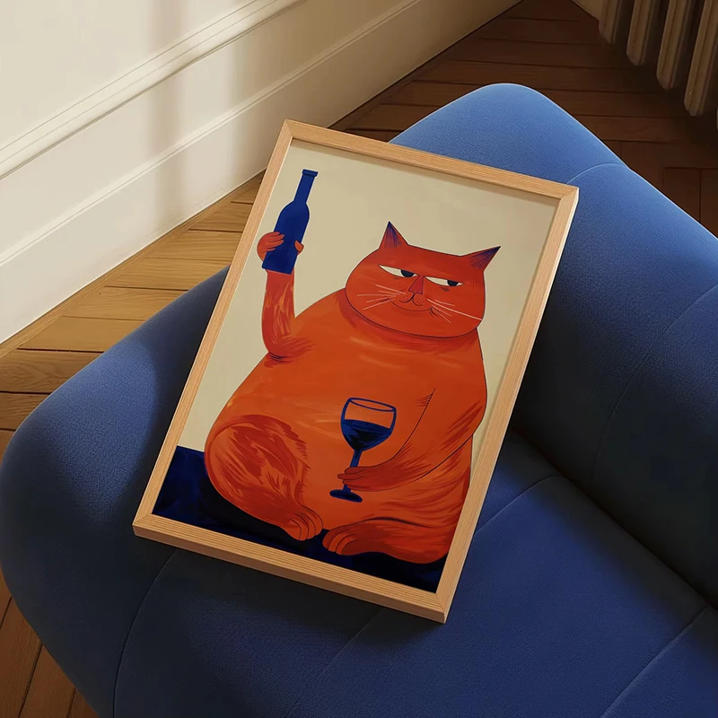 Red Cat with Wine Canvas Prints Poster Martini Cat Poster Kitchen Canvas Painting Wall Art Pictures Retro Bar Cart Decor