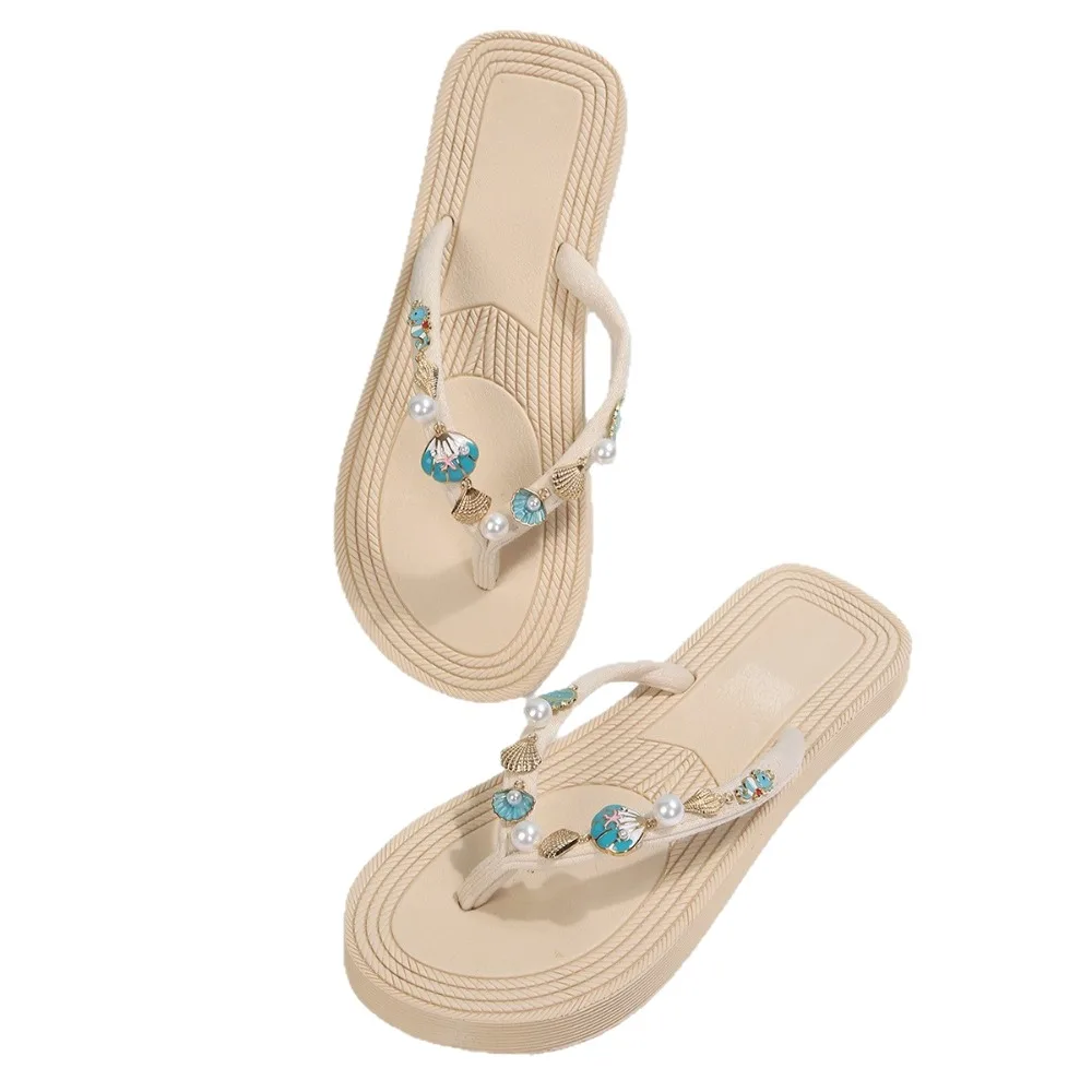 Sandalias de verano para mujer y niña, estilo bohemio, con diseño de caballito de mar, estrella de mar, perla y concha, suela gruesa, para viajes y ocasiones.
