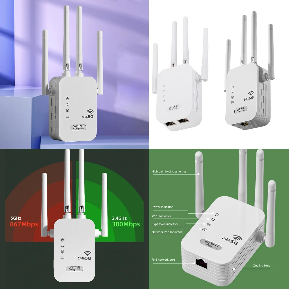

Усилитель Wi-Fi сигнала 1200 Мбит/с с 4 антеннами, двухдиапазонный (2,4 ГГц/5 ГГц), для увеличения дальности действия, беспроводной роутер-расширитель сигнала