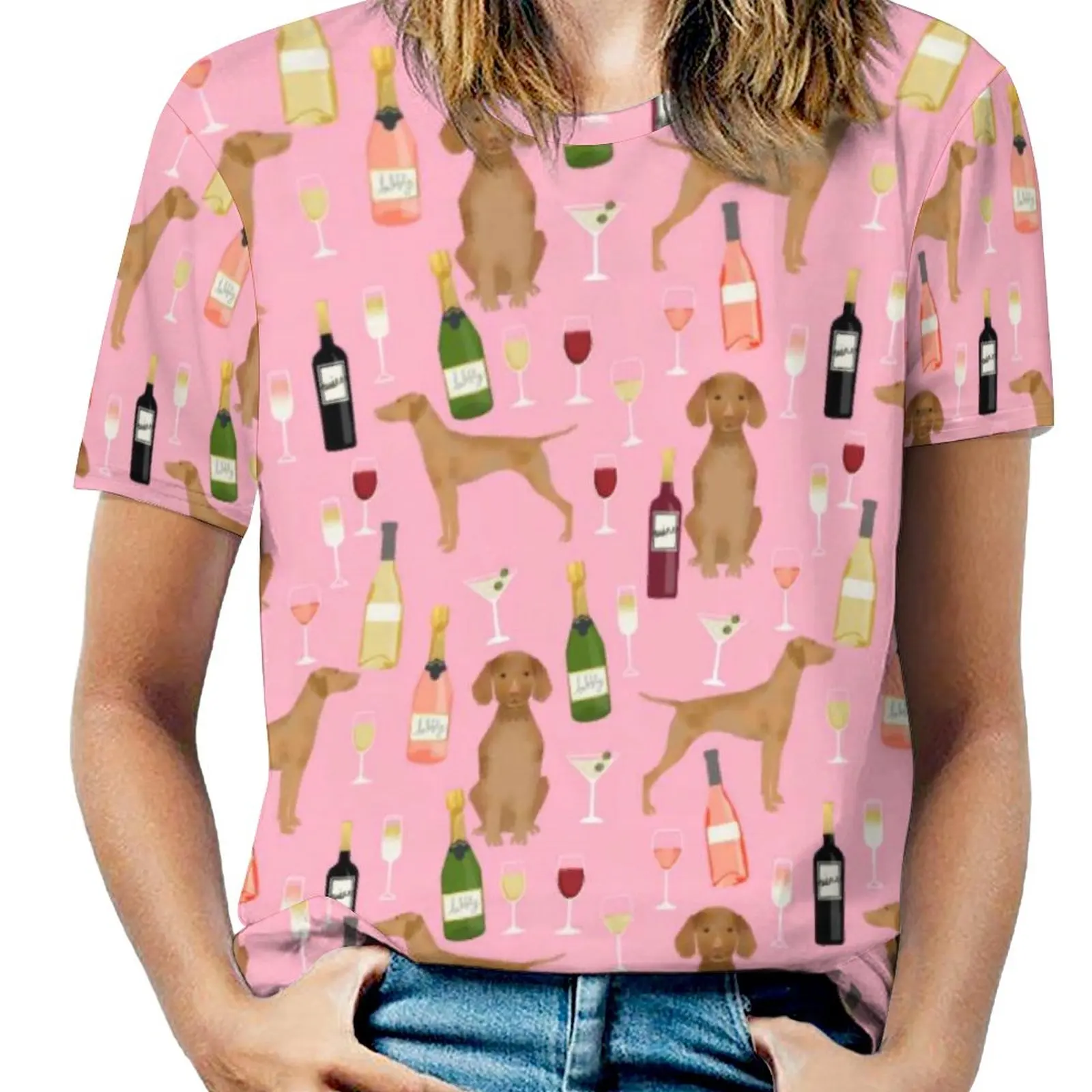 Wine Lover T-Shirts Vizsla Dog Print Street Style  T-Shirt Short Sleeve Pretty Oversize Tee Shirt Summer Graphic Tops Gift