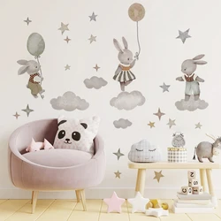 Cartoon Bunny Moon and Stars Wall Stickers Animals Nordic boho Rabbit Hot Air Balloon Sticker Kids Room Decoration Wallpaper