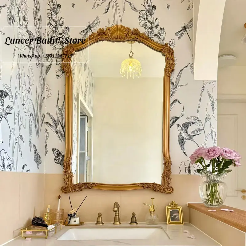 French style bathroom vanity mirror - vintage carved design with smart led lighting and defogging function