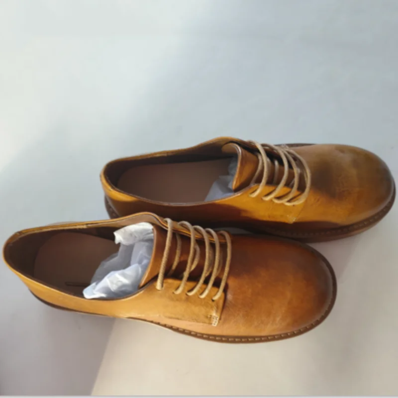 Washed Horse Hide Derby Shoes Women Retro Flat Bottom Genuine Leather Lace Up Single Boots Outdoor Walking Autumn Winter New