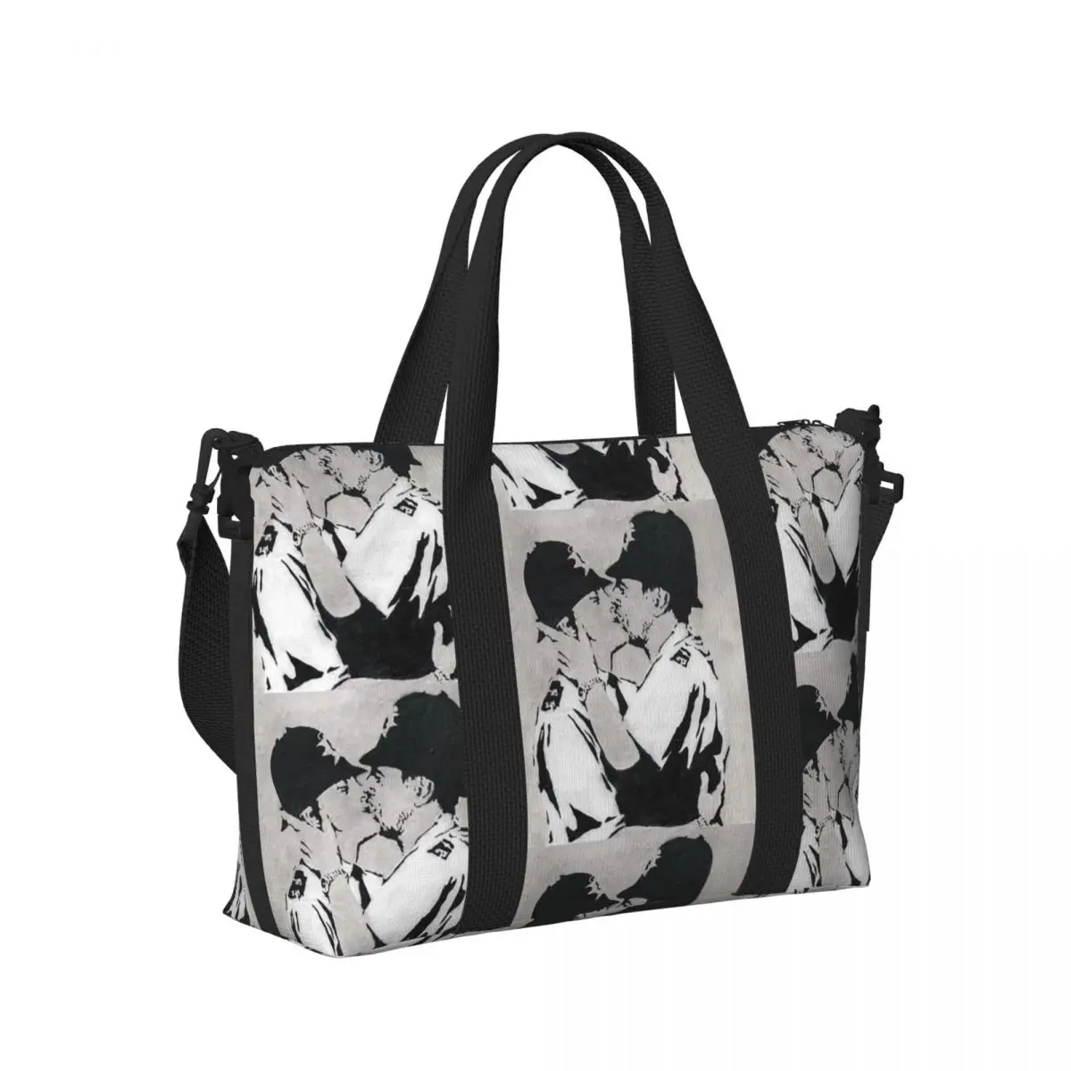 

Banksy Kissing Coppers Beach Travel Bag Large Capacity Tote Bags for Gym Yoga Women Shopping Duffle Shoulder Bag