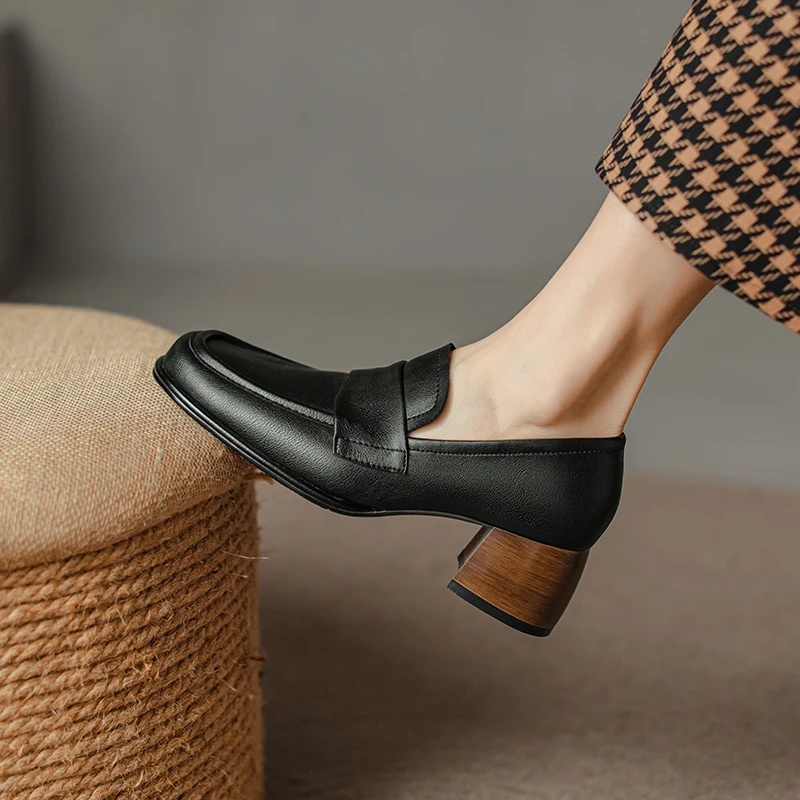 2023 Spring New High Heels Loafers Women Pumps Genuine Cow Leather Round Toe Platform Shoes Ladies Handmade Black Women Shoes