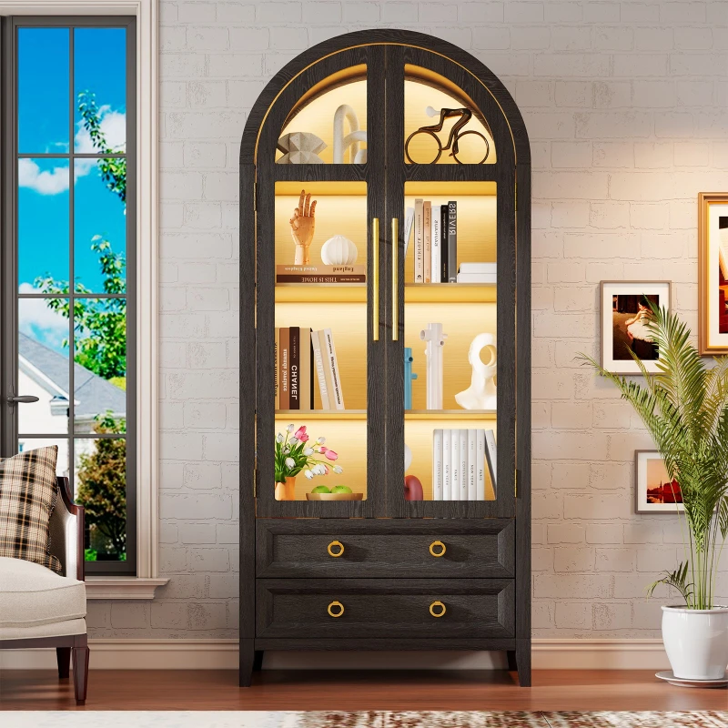 Curved glass door display cabinet=Four-layer three-color light + human body induction, collection display cabinet with 2 drawers