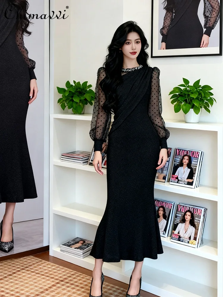 

French Elegant Vintage Beaded Round Neck Mesh Patchwork Long Sleeve High Waist Bodycon Long Evening Party Dress for Women Autumn