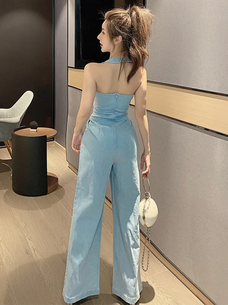 Mode Sommer Einem Stück Overalls Für Frauen Denim Casual Sexy Halter-Backless Party Weibliche Mujer Breite Bein Lose Strampler Straße