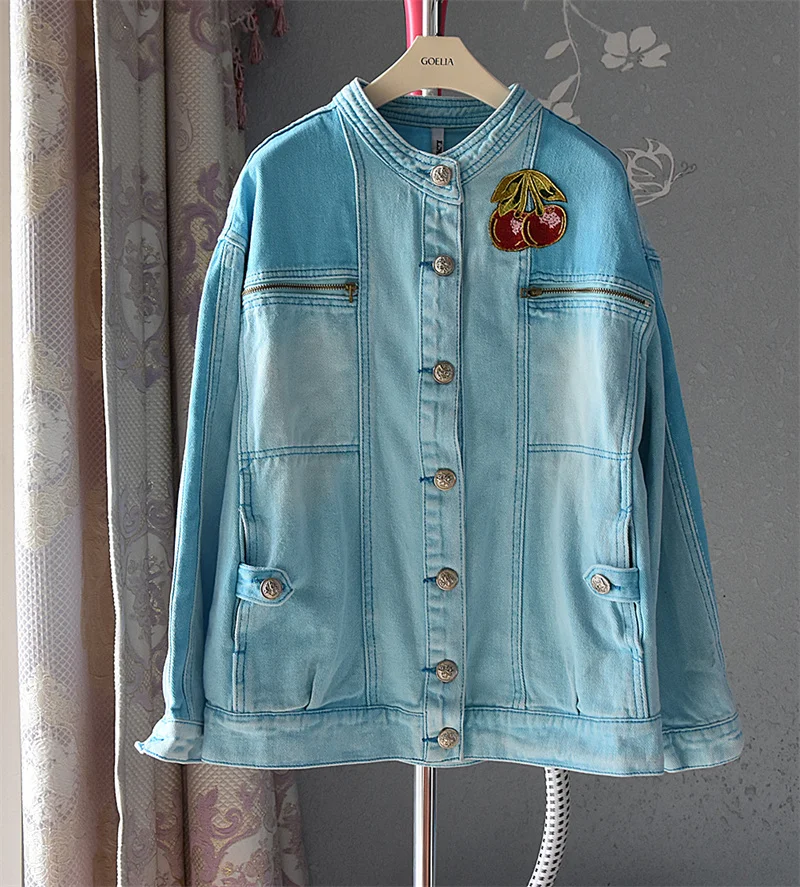 

Модная джинсовая куртка из чистого хлопка для женщин, лето 2025 г., синяя вишневая вышивка, свободный элегантный женский топ с длинными рукавами