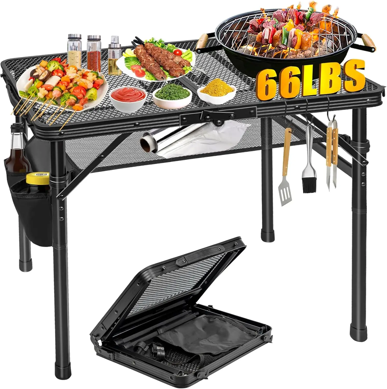 

Portable Folding Grill Table Lightweight Height Adjustable Camping Picnic Table with Mesh Desktop and Mesh Bag for Outdoor for P