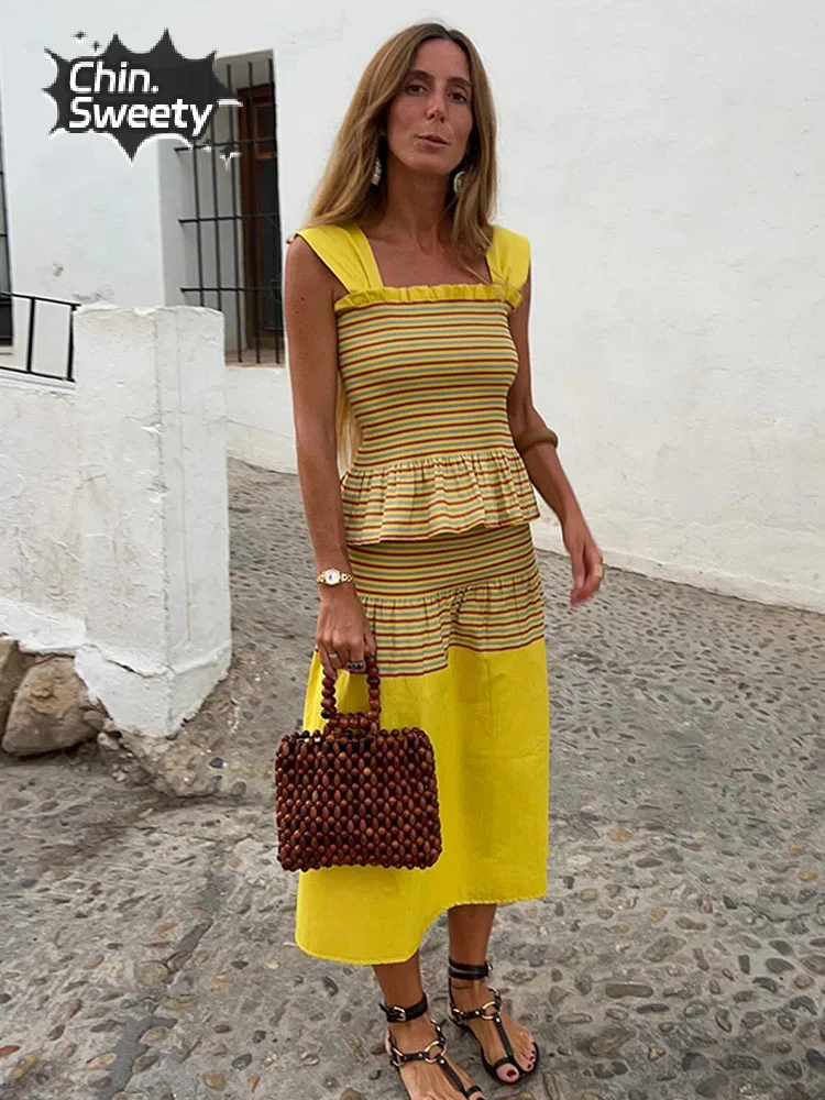 Yellow Striped Patchwork Midi Skirt Set For Women Elegant Sleeveless Slim Ruffles Tops Suit Fashion 2024 Lady Chic Streetwear