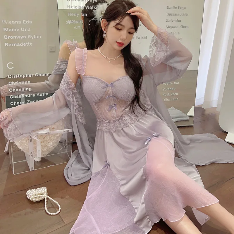 Bride Black Twinset Robe Gown Set Lace Lingerie Summer Women Sleepwear Nightgown Mesh Satin Bathrobe Home Dress Loungewear