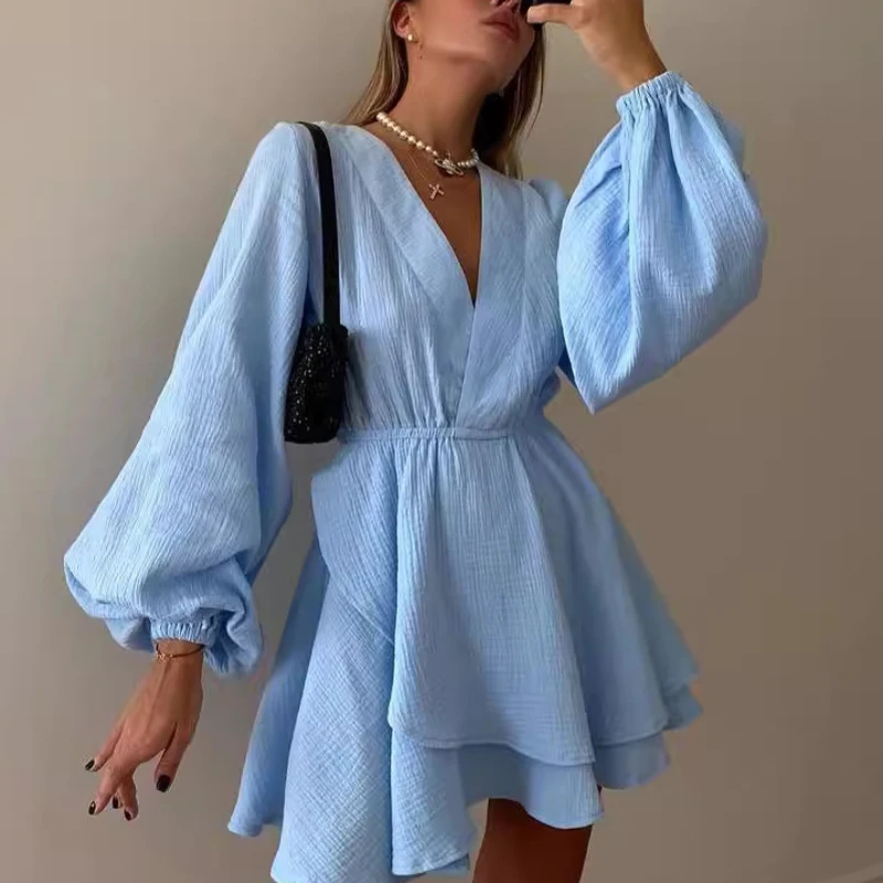 TARUXY Elegant Chiffon V-neck Ruffle Dress For Women High Waist Irregular Solid Color Short Dress Long Sleeve Party Female Dress