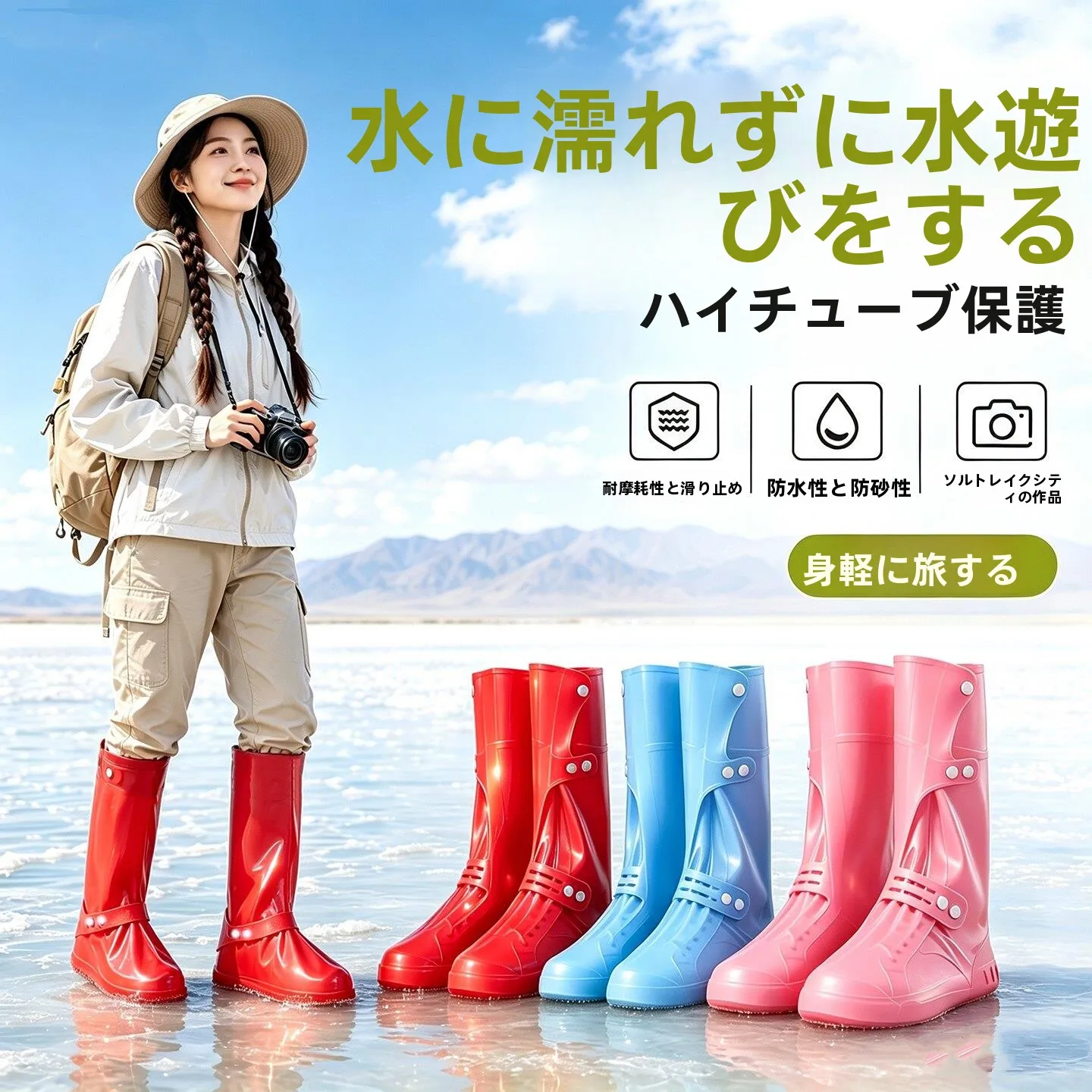 トラベルシューズカバー-レッドブーツ-ティーカード-サルトレイク-防水-防砂-腐食防止-ワンピース成形-滑り止め-レインブーツ-写真撮影-パンチカード