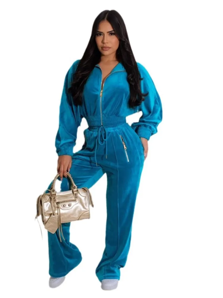 Damski komplet dwuczęściowy na jesień i zimę, jednolity kolor, rozpinany kardigan na zamek, top, sznurowane długie spodnie, wygodny strój do biura.