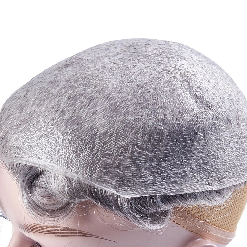 男性用の手作りナチュラルヘアウィッグ,ヘアピース交換システム,vループ,100% ソフトスリムスキン,男性用トーピー,0.02-0.03mm