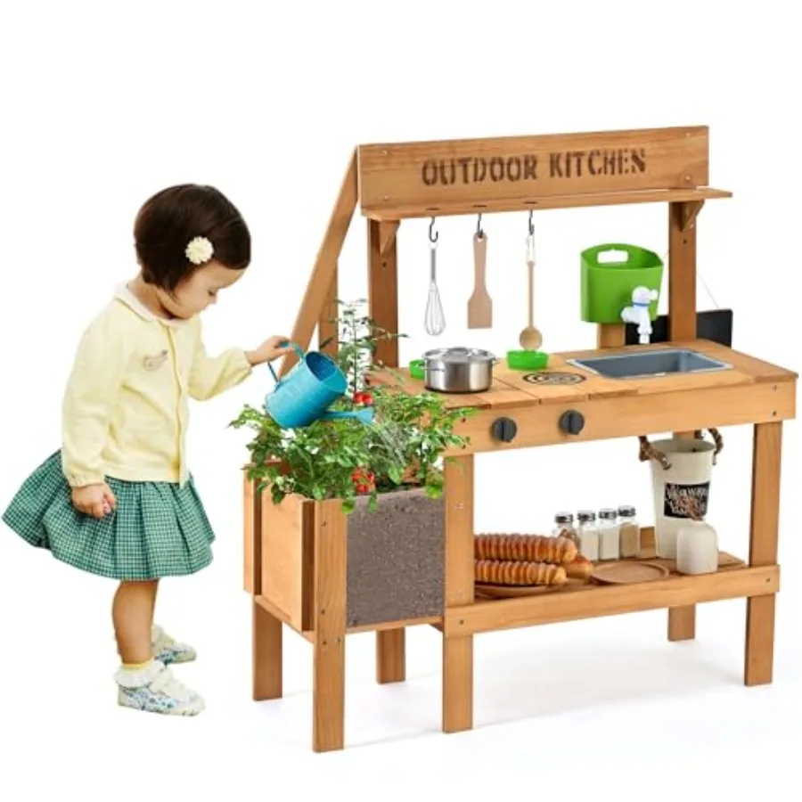 

Outdoor mud kitchen for kids: wooden play kitchen with planter box, toddler sink, faucet, blackboard, water cup and accessories