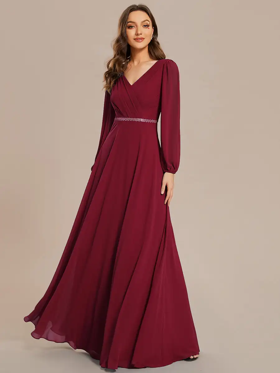 

Elegant Evening dresses V-neck long sleeve Floor-Length Gown 2024 BAZIIINGAAA of Back Zipper Chiffon Burgundy Bridesmaid Dress