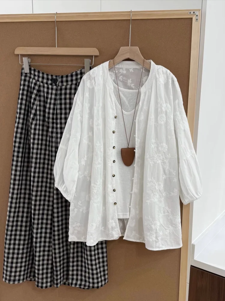 

Boho Plum Blossom Embroidered Shirt For Women Spring And Autumn V-neck Three-quarter Sleeves Holiday Beach Cardigan Top