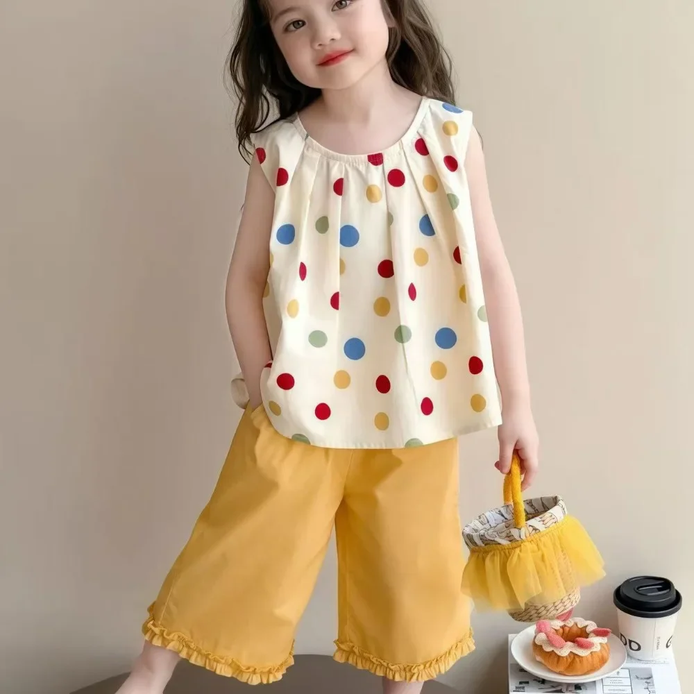 النسخة الكورية أزياء الفتيات دعوى موجة نقطة القوس سترة + الدانتيل مستقيم الساق السراويل قطعتين مجموعة ملابس الأطفال صيف جديد #5