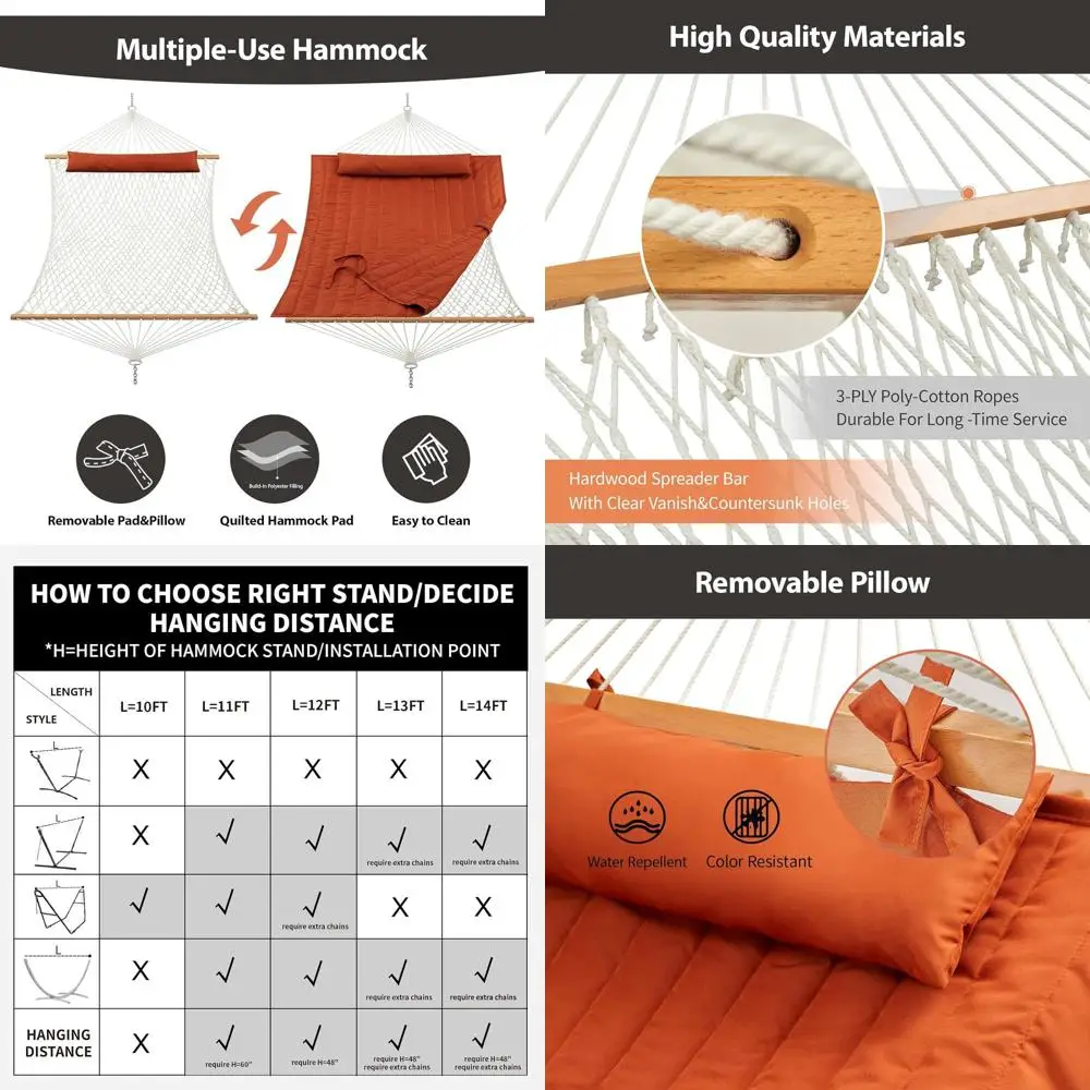 

Large Double Hammock with Hardwood Bars, Polyester Pad & Pillow, 475 lbs Capacity for 2, Terracotta