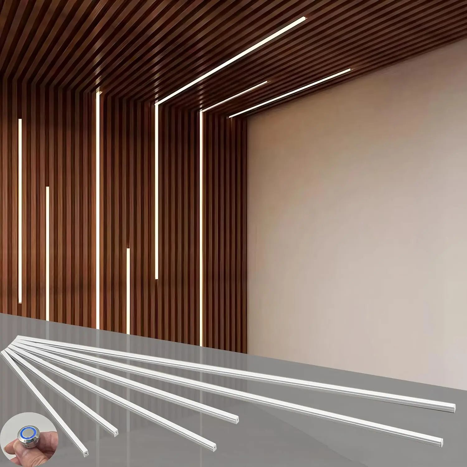 

6-Light LED Recessed Wall Panel Lighting, Dimmable Touch Switch, Self-Adhesive for Wood Slat Panels (39in+31.5in+23.6in)