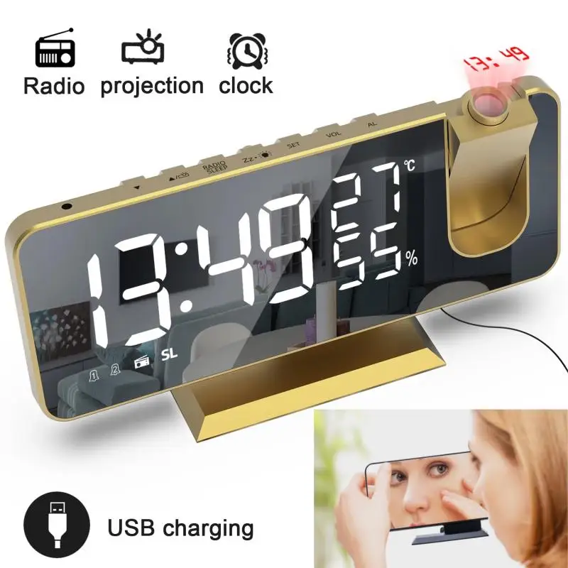 Desktop Alarm Clock LED Screen Projection Clock FM Radio Wake Up Clock Temp Humidity With 180° Projection Digital Clock 탁상시계