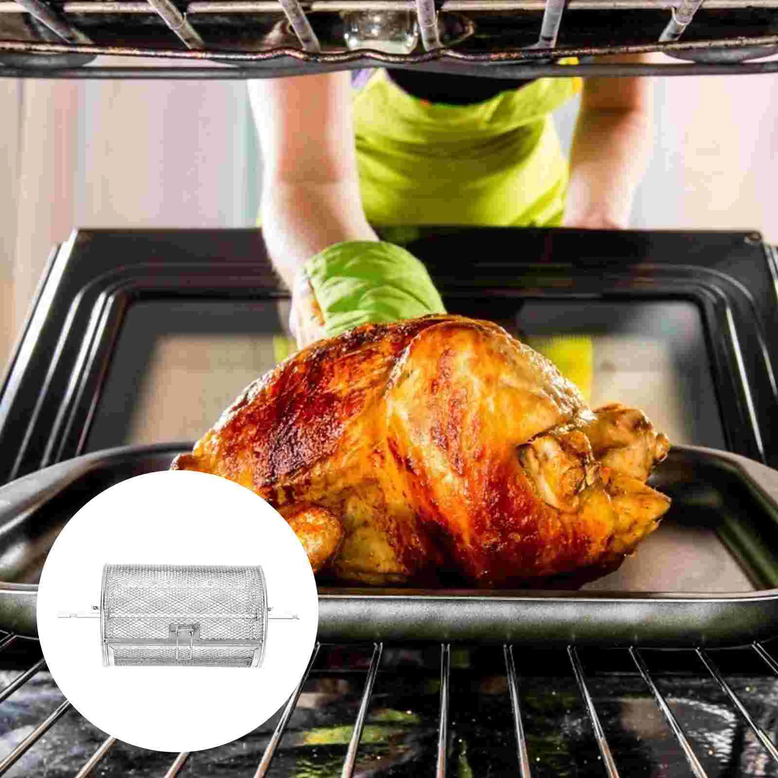 

Stainless Steel Rotating Cage Basket Rust-proof Roasting Grill with Shaft Barbecue Electric Oven Kitchen Tool