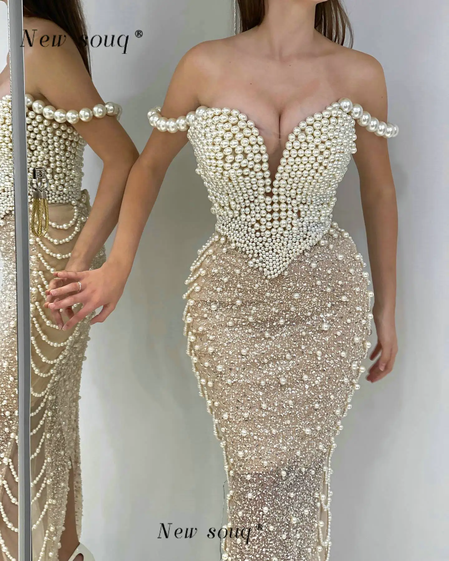 

Gorgeous Pearls Off Shoulder Mermaid Evening Dresses Arabic Floor Length Long Formal Prom Gowns for Wedding Party Elegant