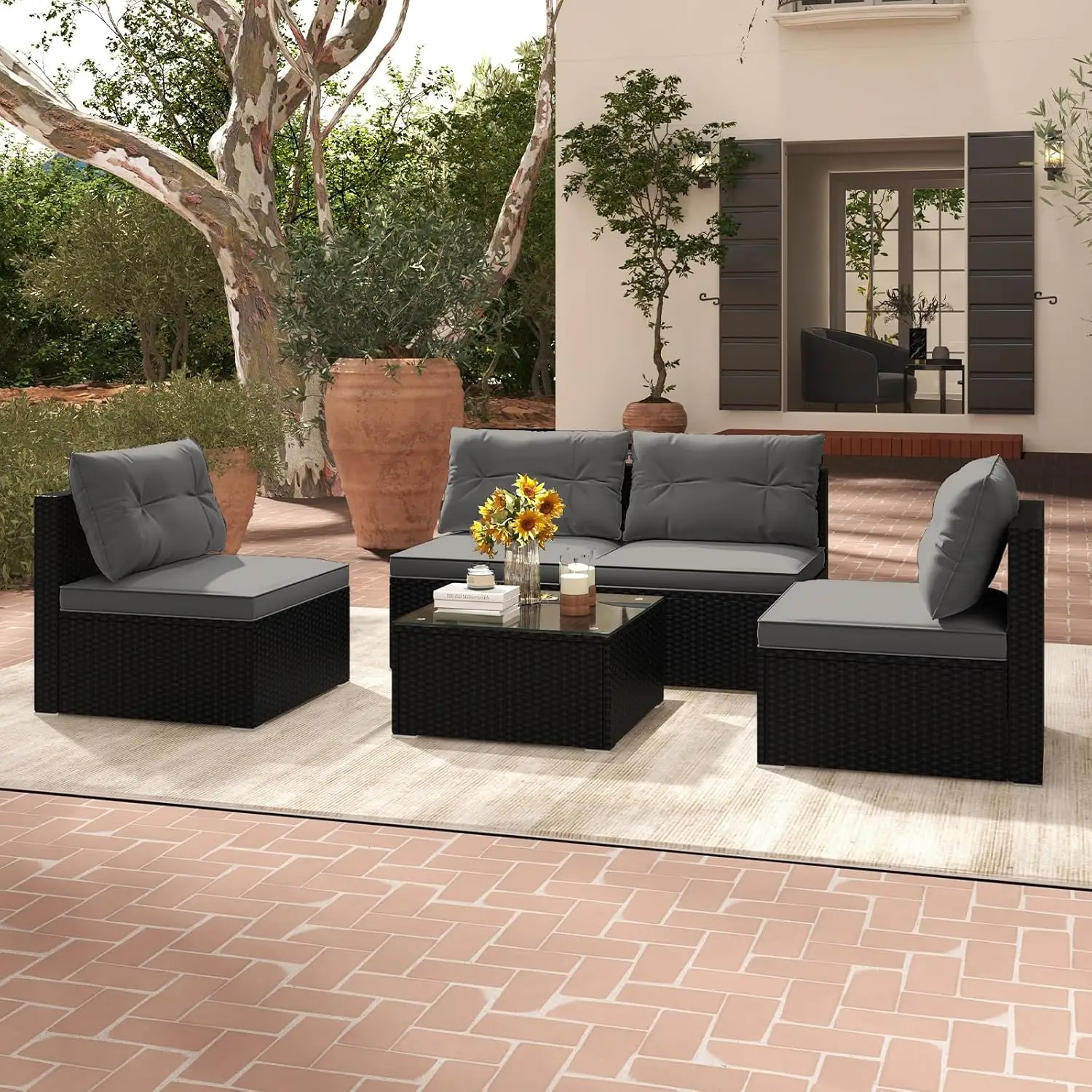 

5-Piece Outdoor Patio Furniture Set, Rattan Sectional Sofa Set W/Glass-Top Coffee Table, Soft Seat & Back Cushions,, Customized