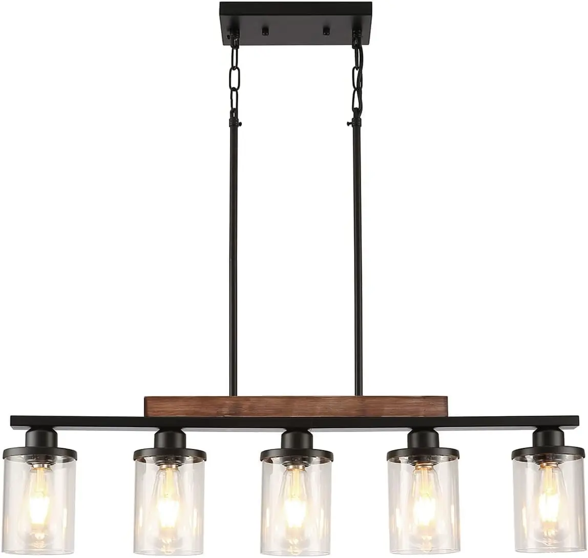 

5-Light Farmhouse Chandelier, Matte Black & Wood Linear Pendant for Kitchen Island, Dining Room