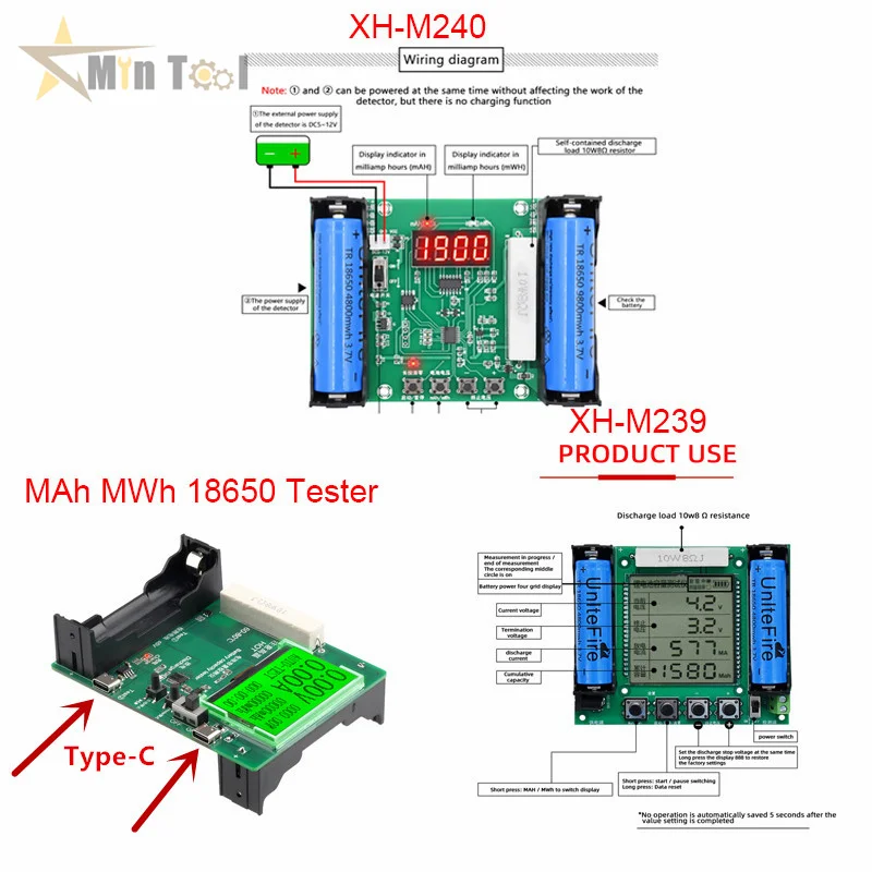 XH-M240/XH-M239/wyświetlacz LCD typu C Tester pojemności baterii MAh MWh 18650 bateria litowa cyfrowy pomiar baterii litowej