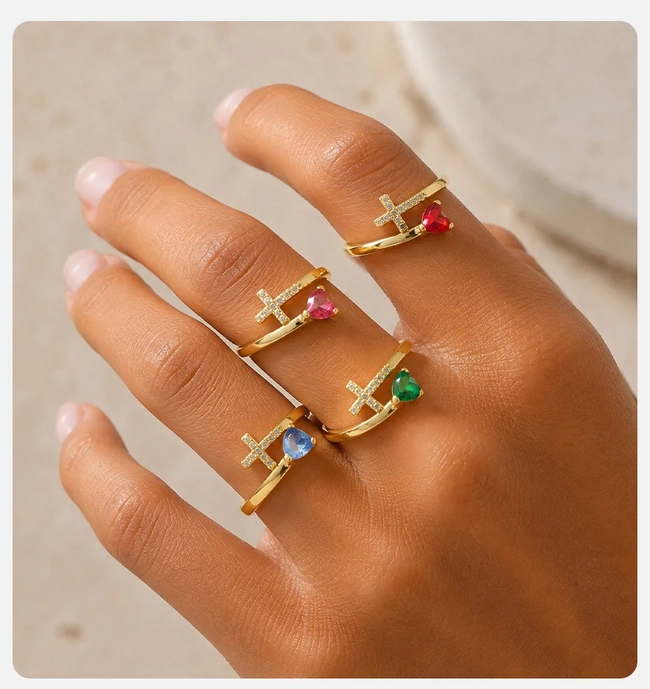 Vnox Vergoldeter Herzring mit AAA-Zirkonia für Damen, Einzigartiges Design, Glänzende Bunte Kristalle, Kreuzring, Romantischer Religiöser Schmuck – Detail 2