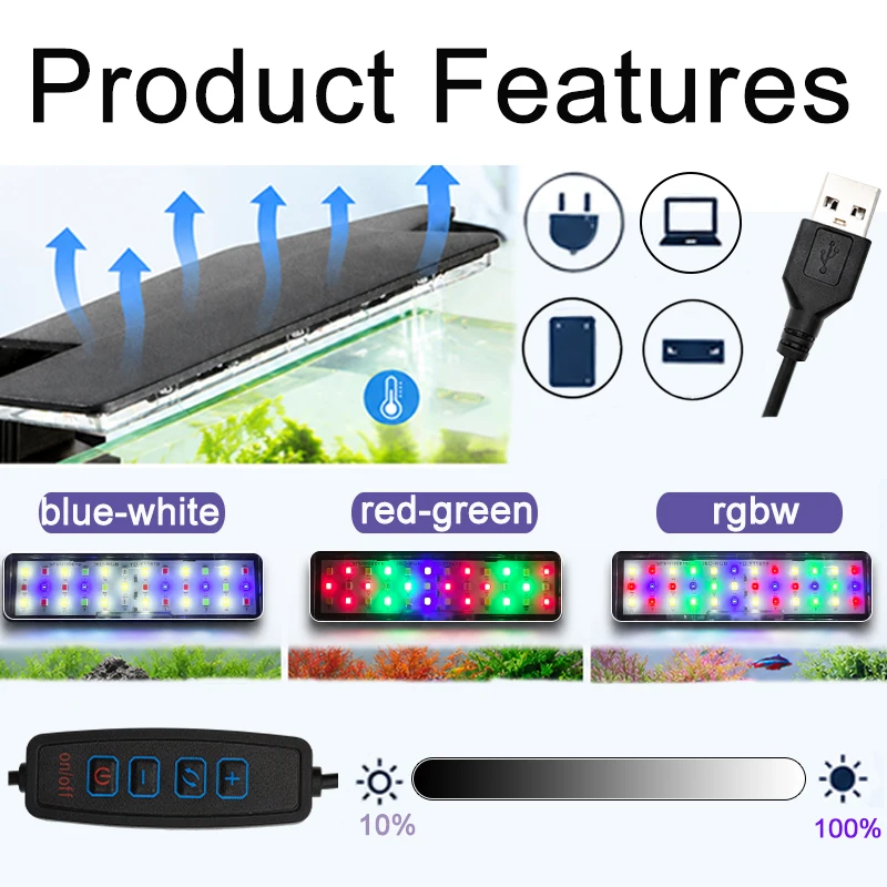 USB-Quadrat-Clip-On-Aquarium-LED-Leuchte, Vollspektrum-RGB, 3-farbig einstellbare, dimmbare Lampe mit hoher Helligkeit für kleine Fischbecken, 5 W – Detail 5