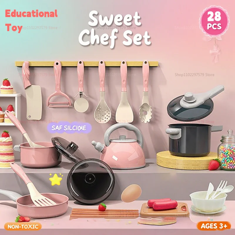 Nuevo juego de cocina para niños, 28 juguetes de cocina de imitación, olla, accesorios de comida, regalos para niños pequeños, regalos de Navidad y cumpleaños para niños y niñas