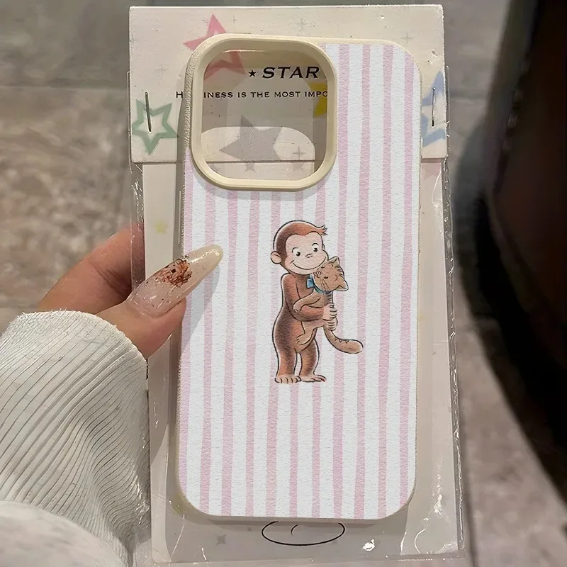 Funda Protectora Antigolpes con Diseño de Mono Curioso Sosteniendo un Teléfono con Forma de Gato para iPhone 17 16 15 14 Plus 13 12 11 Pro MAX 17 Air