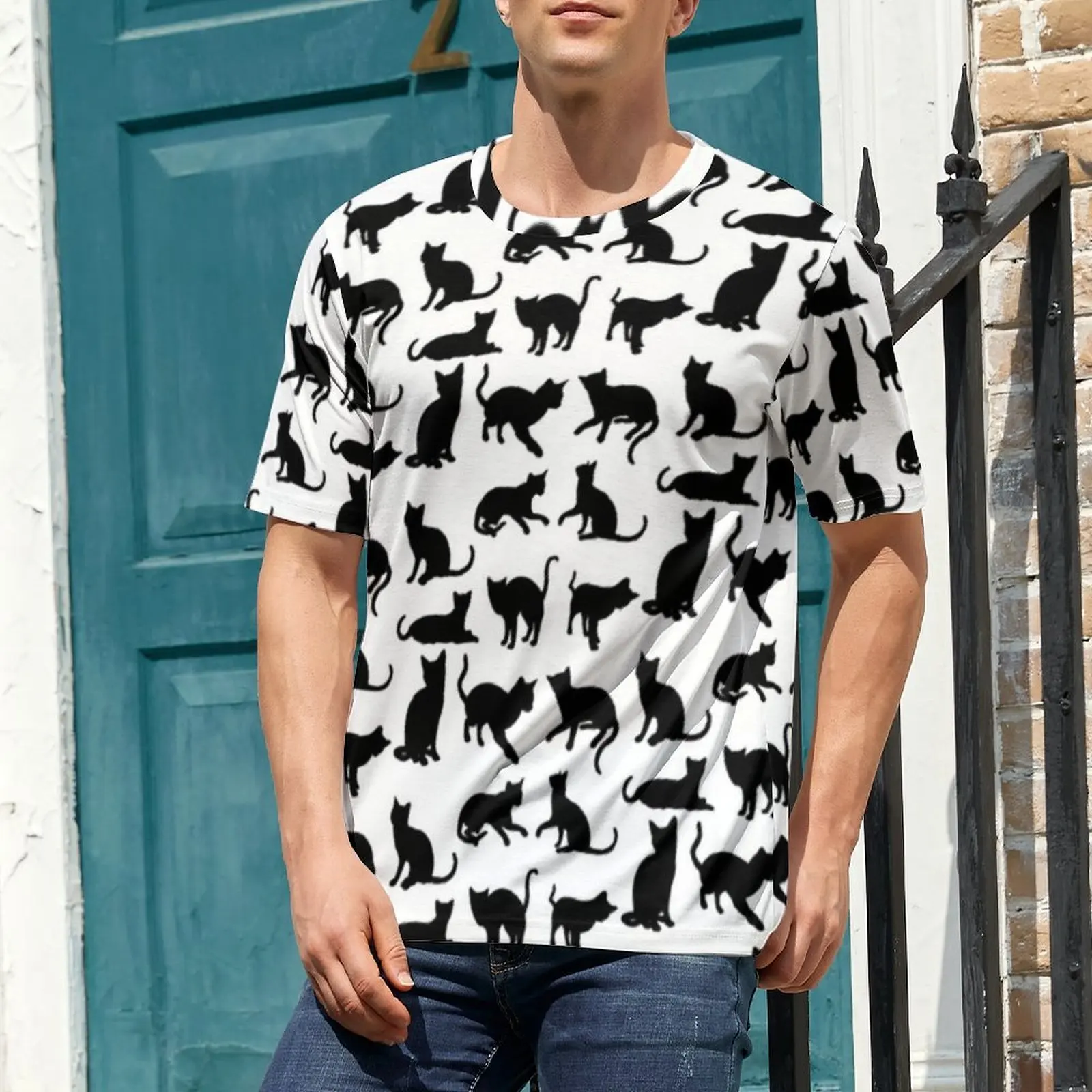 Oversize T Shirt Premium Cool Black Cat T-Shirts Spooky Animals Classic O Neck Tee Shirt Man Fashion Graphic Tops