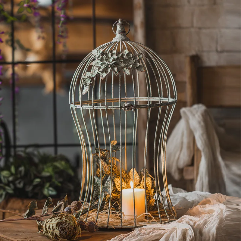 American retro wrought iron candlestick made old wire bird cage shelf decoration wedding living room flower blue floor ornament