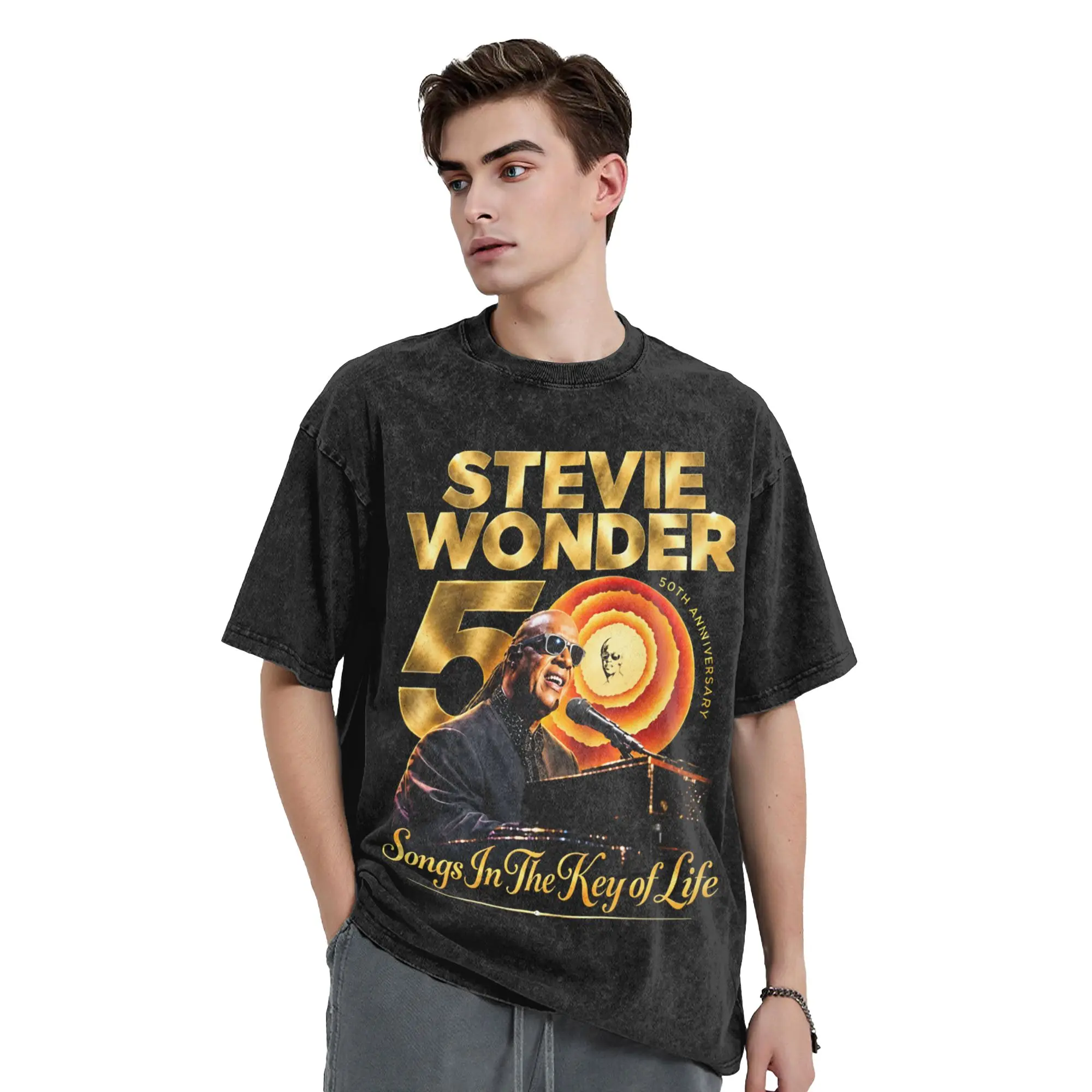 S-Stevies Wonders Songs In the Key Of Life 50th Anniversary Washed T Shirts T-Shirt Tees Tops for Men Women High Street Printed